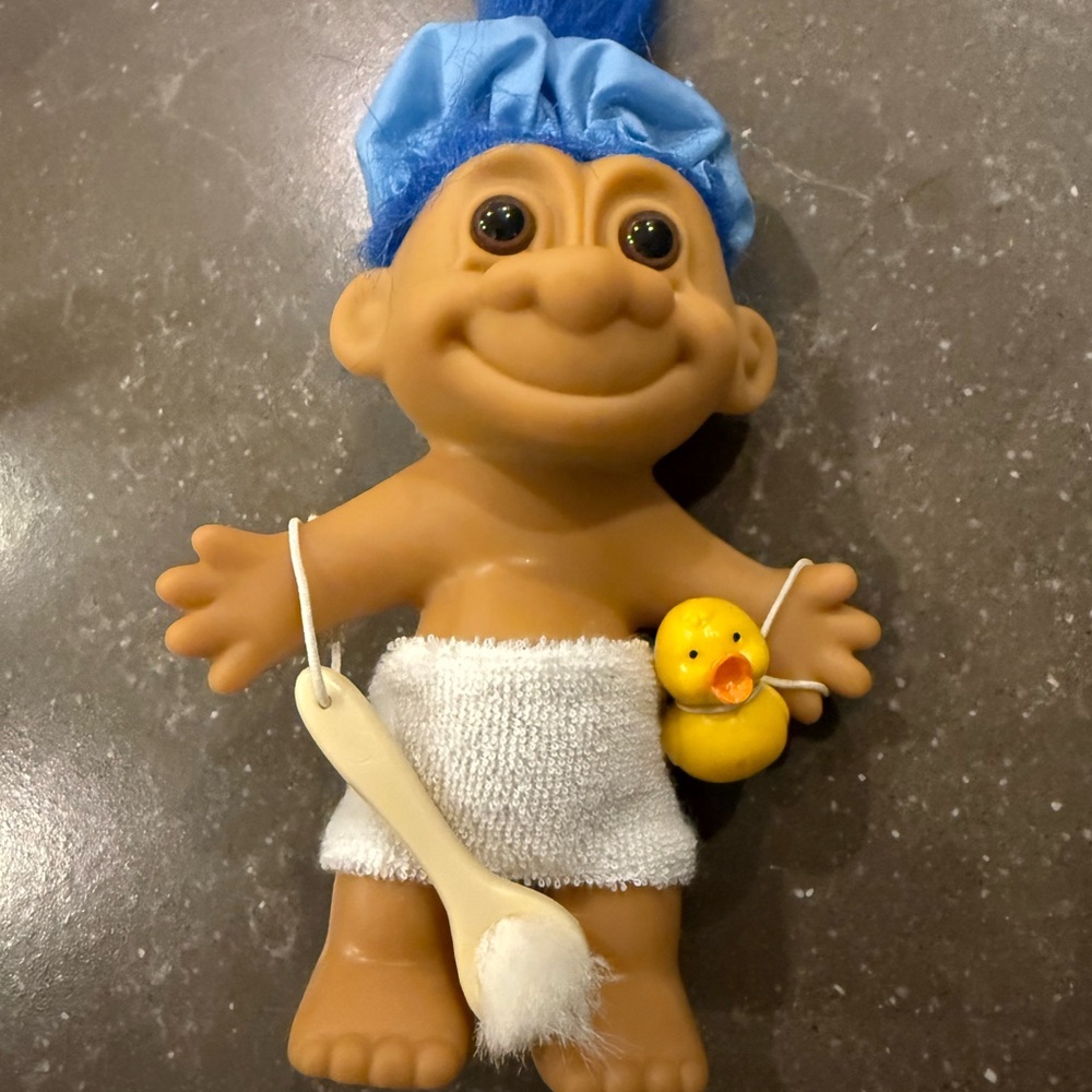 VTG Russ Bath Time Troll Doll with Blue Cap, Rubber Duckie & Bath Brush 1980s